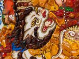 Panel with amber in combination with lurex and Swarovski stones “Yellow Dzambhala”