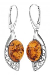 Серебряные узорчатые серьги с камнями янтаря «Варда»