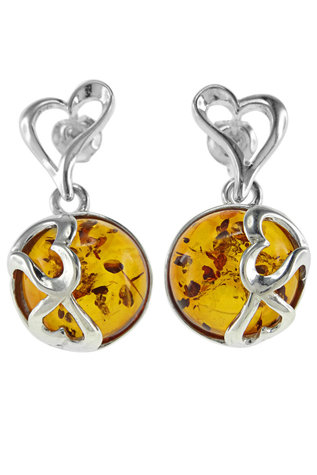 Silver earrings with amber “Unison of Hearts”