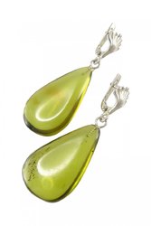 Срібні сережки з зеленими каменями бурштину в формі крапель