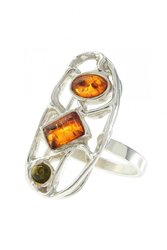 Перстень зі срібла з фігурними різнобарвними бурштиновими вставками