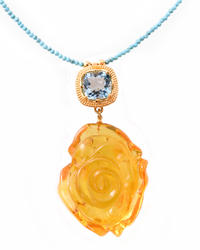 Silver necklace with amber, topaz and turquoise "Rose"