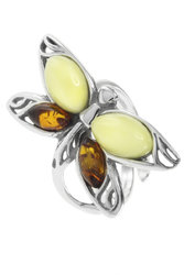Срібний перстень з бурштиновим камінням «Метелик»