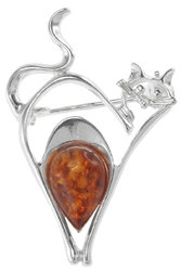 Срібна брошка з каменем бурштину «Котик»