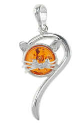 Кулон с камнем янтаря в серебряной оправе «Силуэт кошки»