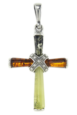 Серебряный крестик с янтарными вставками
