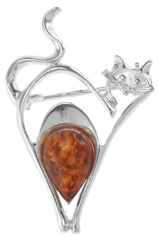 Серебряная брошь с камнем янтаря «Котик»
